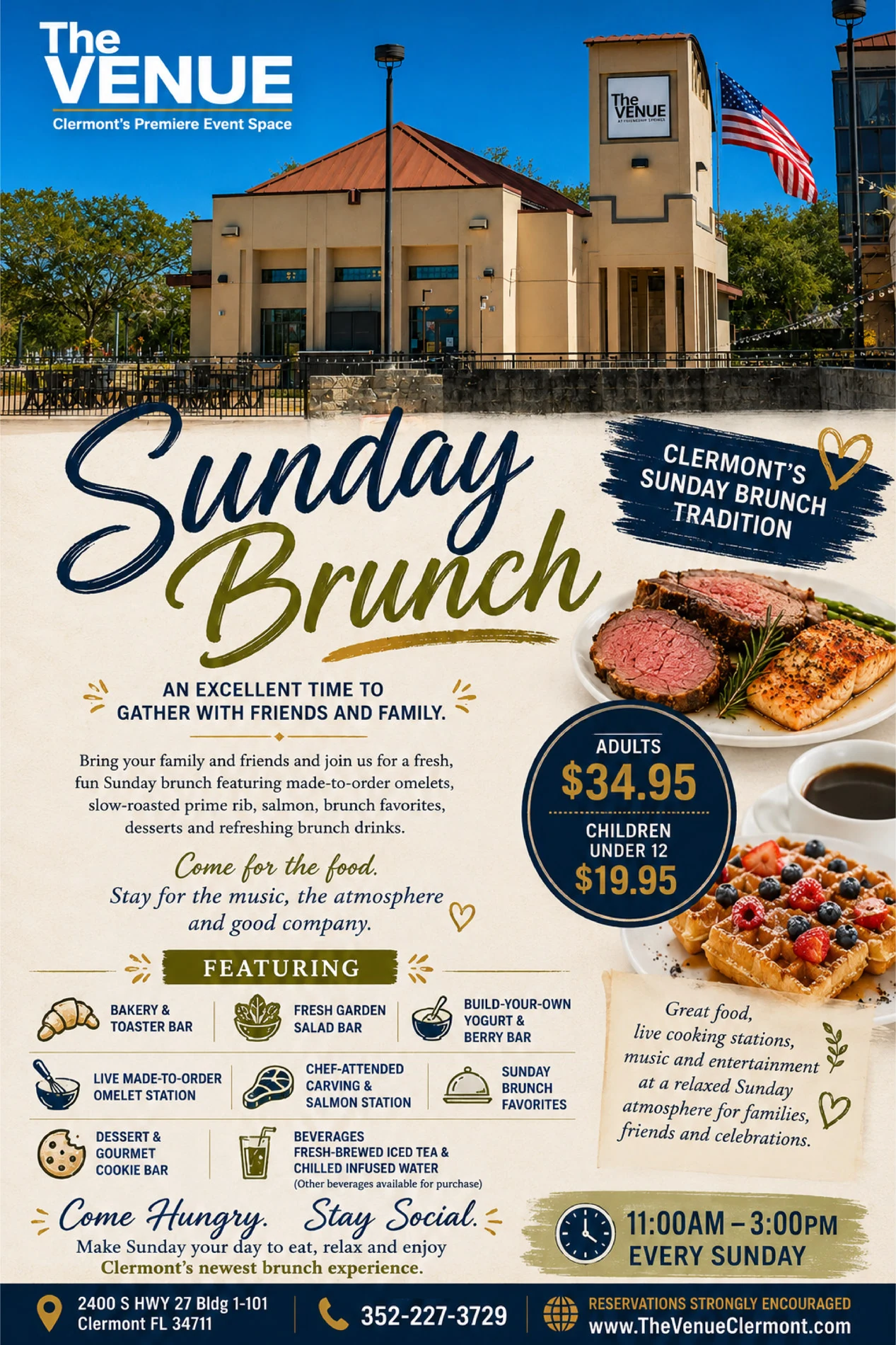 The Venue Clermont Sunday Brunch flyer — 11 AM to 3 PM every Sunday starting August 2; adults $34.95, children under 12 $19.95