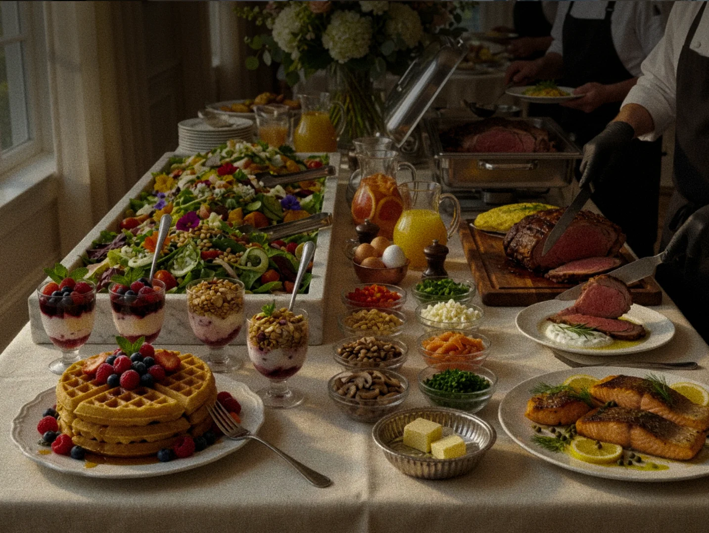 Sunday brunch at The Venue Clermont — waffles, garden salad bar, yogurt berry bar, omelet station, and steak and salmon station