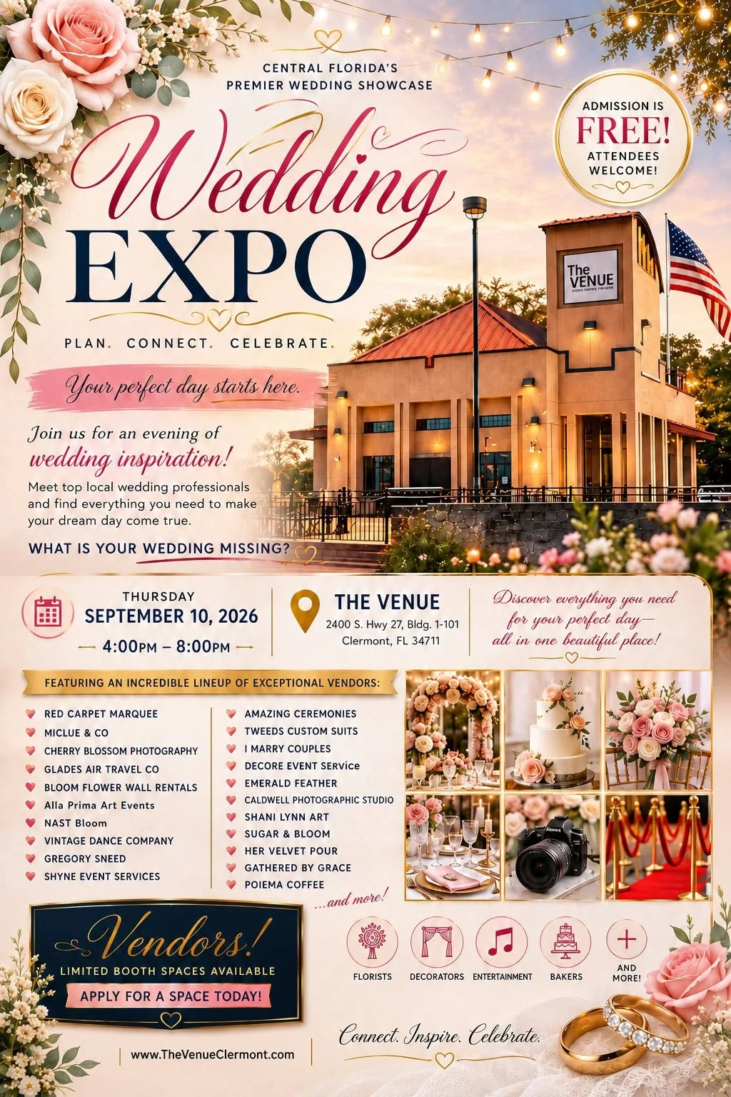The Venue Clermont Wedding Expo flyer — Thursday September 10, 2026, 4–8 PM, free admission